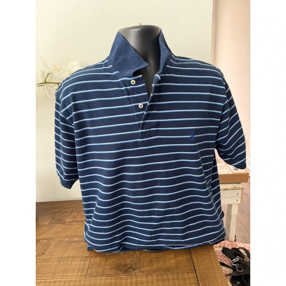 Polo Ralph Lauren Mens Navy Blue Striped Short Sleeve Cotton Pique Polo Shirt